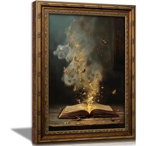 Vintage Gold Framed Moody Victorian Bookish Wall Art, Butterfly Hovering Over the Book Wall Decor, Dark Academia Fantasy Painting Poster, Magic Reading Nook Artwork for Gallery Library Bookstore, 24"LX16"W