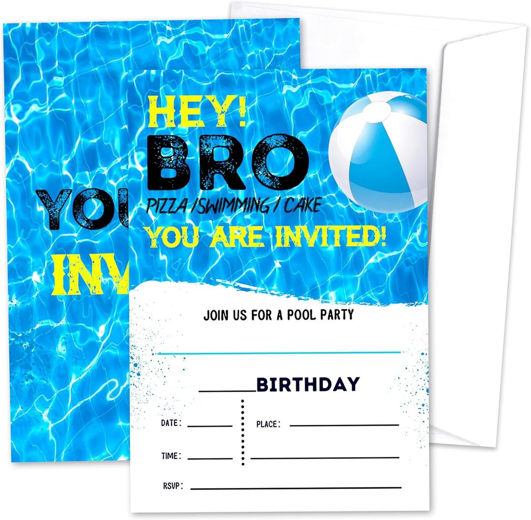Pool Party Birthday Invitation For Boys, Hey Bro Fill-In Invites Card For Birthday Party, Pool Birthday Cards For Kids Teen, Summer Birthday Party Decoration Supplies, 20 Cards With Envelopes -06