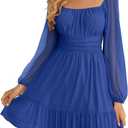 Wenrine Women's Mesh Long Sleeve Square Neck Dress High Waist A Line Ruffle Hem Flowy Casual Party Mini Dress (Blue), S