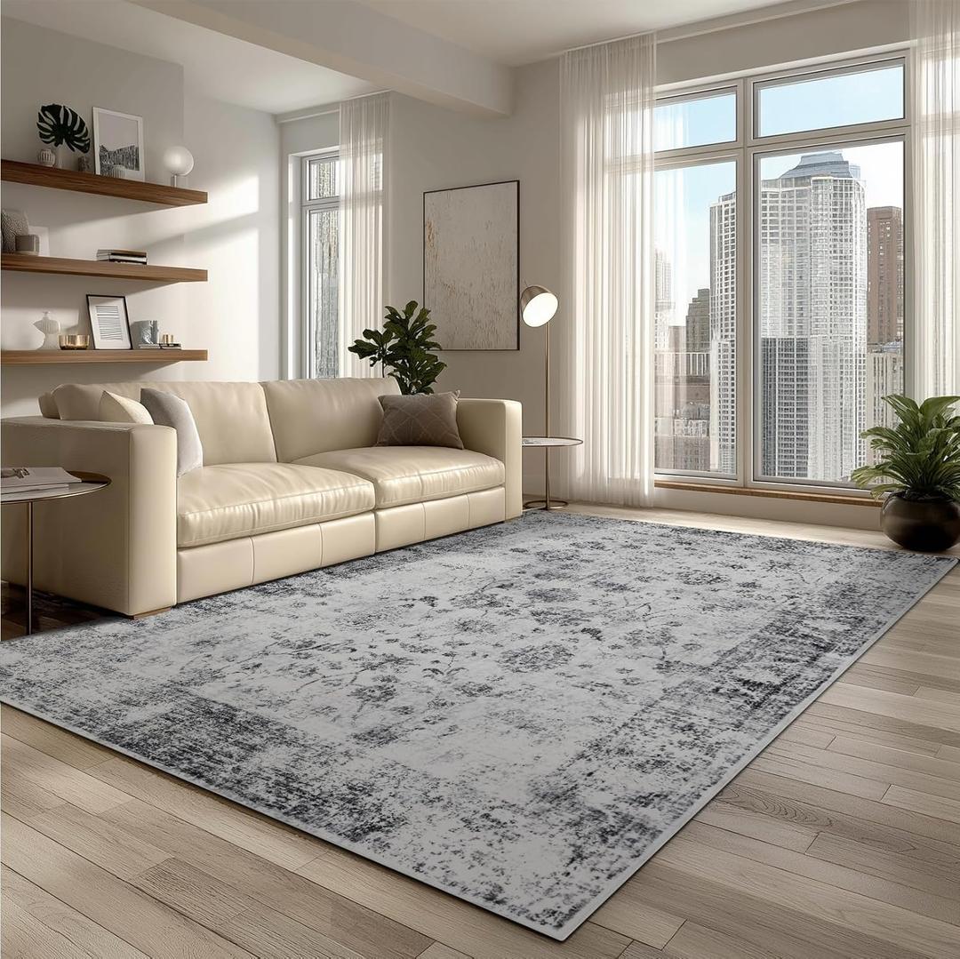 Washable Rugs 5x7 Area Rugs for Living Room, Thin Carpet for Bedroom, Soft Faux Wool Retro Dining Room Rug Non Slip & Non-Shedding Resistant Low Pile Vintage Print Rug for Home Office (White/Grey)