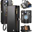 Defencase for iPhone 15 Pro Max Magnetic Wallet Case Compatible with Magsafe with RFID Blocking Zipper Strap Card Holder for Women Men, PU Leather Detachable Case for iPhone 15 Pro Max (6.7"), Black