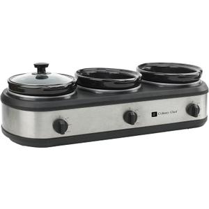 CULINARY CHEF, Triple Slow Cooker, Buffet Server 3 Pot, Food Warmer - Stainless, 2.5 Quarts