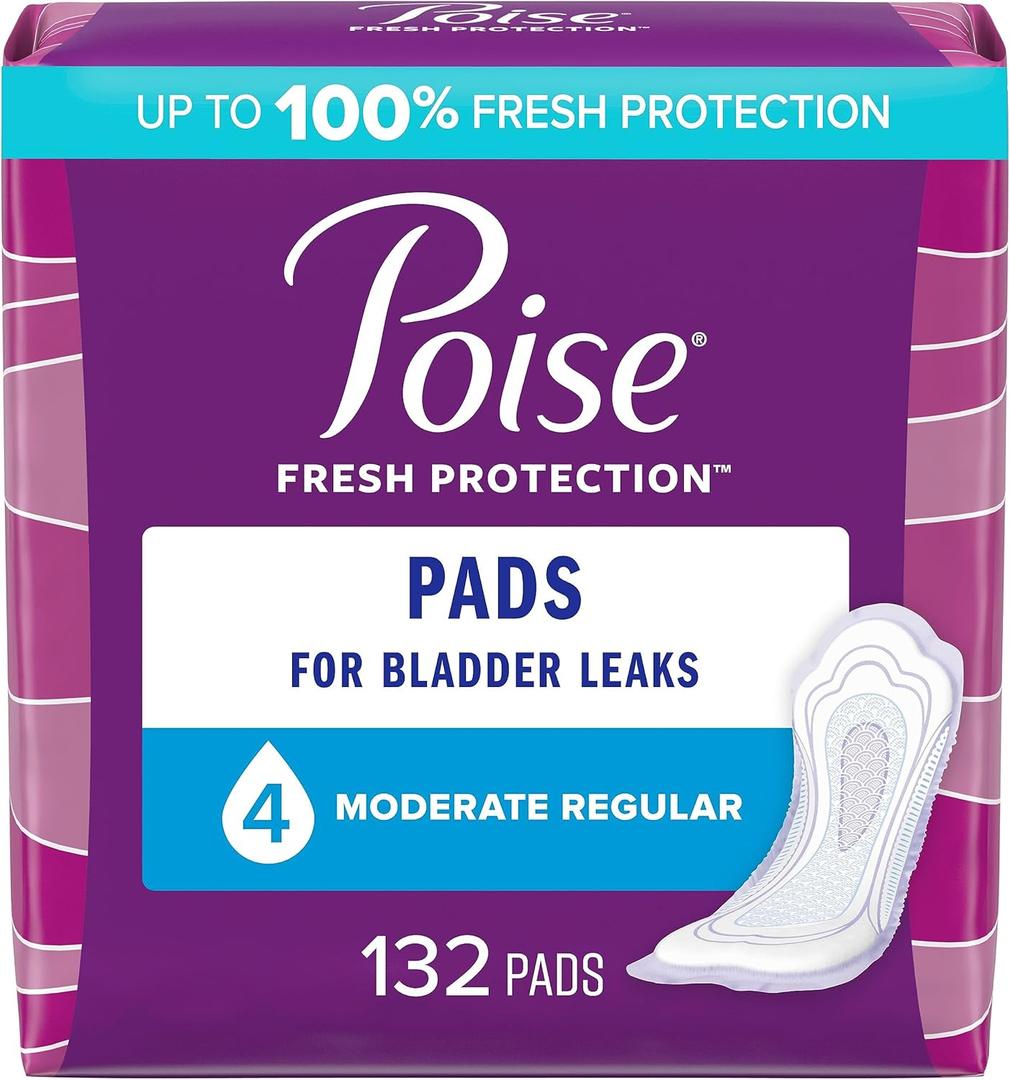 Poise Incontinence Pads & Postpartum Incontinence Pads, 4 Drop Moderate Absorbency, Regular Length, 132 Count, Packaging May Vary