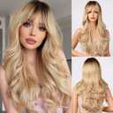 Long Blonde Wig for Women Layered Wavy Wig with Bangs 24 Inch Ombre Blonde Wigs Curtain Bang Synthetic Wigs for White Women Blonde Wig with Dark Roots Curly Hair Replacement Wigs for Daily Party Use