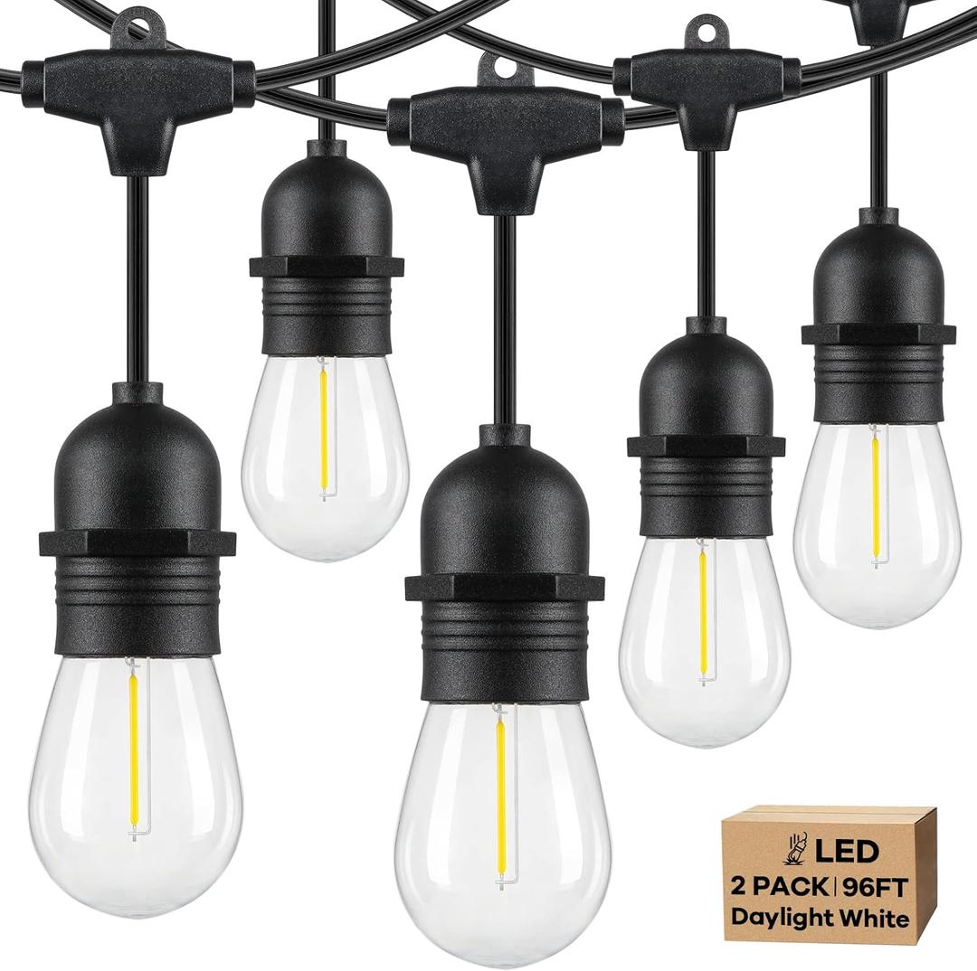 Lakumu 2-Pack 96FT Outdoor String Lights with Waterproof Shatterproof Dimmable 5000K Daylight White E12 Filament S14 LED Bulbs for Backyard Hanging Lights Linkable Patio Light for Deck Bistro Pergola