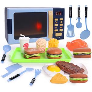 Kids Microwave Toy with Light and Sound, Realistic Toy Kitchen Appliances, Play Kitchen Accessories and Play Food for Toddlers 3 Year Old Up Girls Boys, Blue