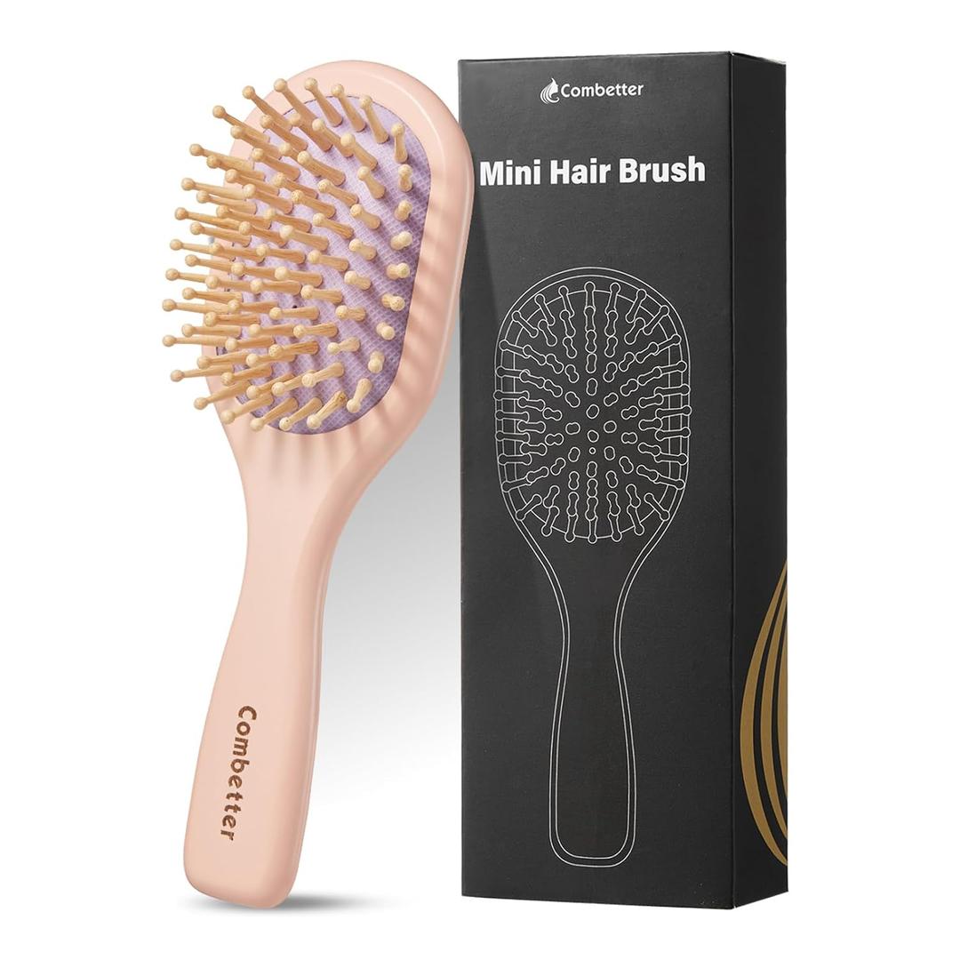 Mini Hair Brush for Hair Growth, Natural Wooden Detangling Brush for Women, Men & Kids for Straight, Wavy (Fine/Thin) Hair - Travel Small Hairbrush (pink)