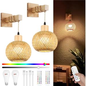 Frideko Bamboo Rechargeable Wall Sconces Set of Two with Remote, RGB 15 Colors Dimmable Battery Operated Wall Light, Rattan Indoor Wireless Wall Lamp with 3 Timer, Boho Wall Lighting for Bedroom