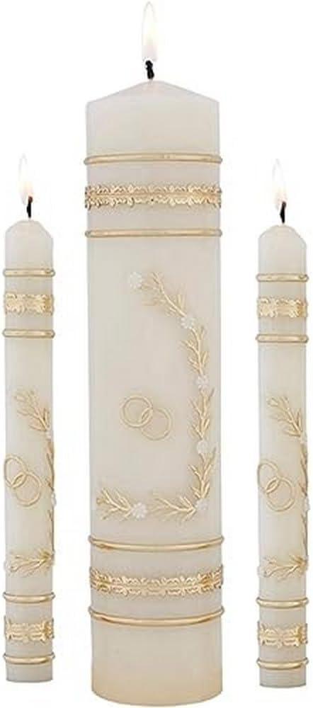 CB Church Supply Hand Crafted Wedding Candle Set by Will & Baumer, Set of 3, Flowers & Rings