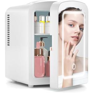 Xbeauty Skincare Mini Fridge With Dimmable LED Mirror, 4L Mini Makeup Refrigerator for SkinCare, Cosmetics, Food & Drinks, Portable Small Refrigerator for Bedroom, Dorm, Car, Office, white