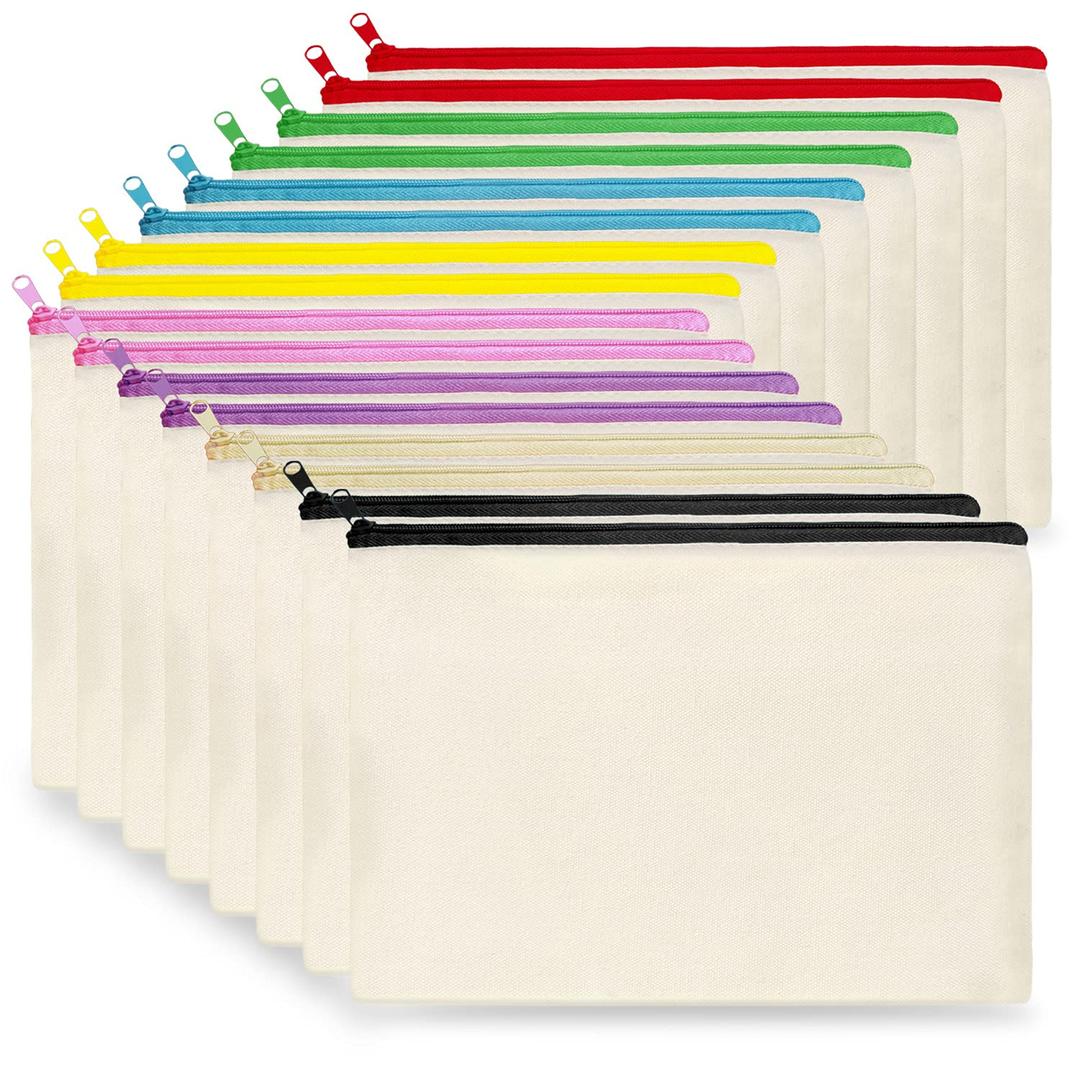 Koolmox Canvas Cosmetic Bag Bulk, 16pcs 9x7'' Canvas Zipper Pouch, Plain Canvas Pencil Bag, Pen Bags, Black Cosmetic Bags Bulk for DIY Crafts, Vinyl Print, Personalization, Decoration, Painting (Beige Multicolored)