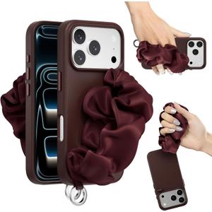 MAGEASY Compatible with iPhone 17 Pro 6.3" Case with Wrist Strap & Finger Loop - Scarf-Bracelet, Premium Leather, MagSafe Compatible, 16 ft Military-Grade Drop Protection - Foulard M (Burgundy)