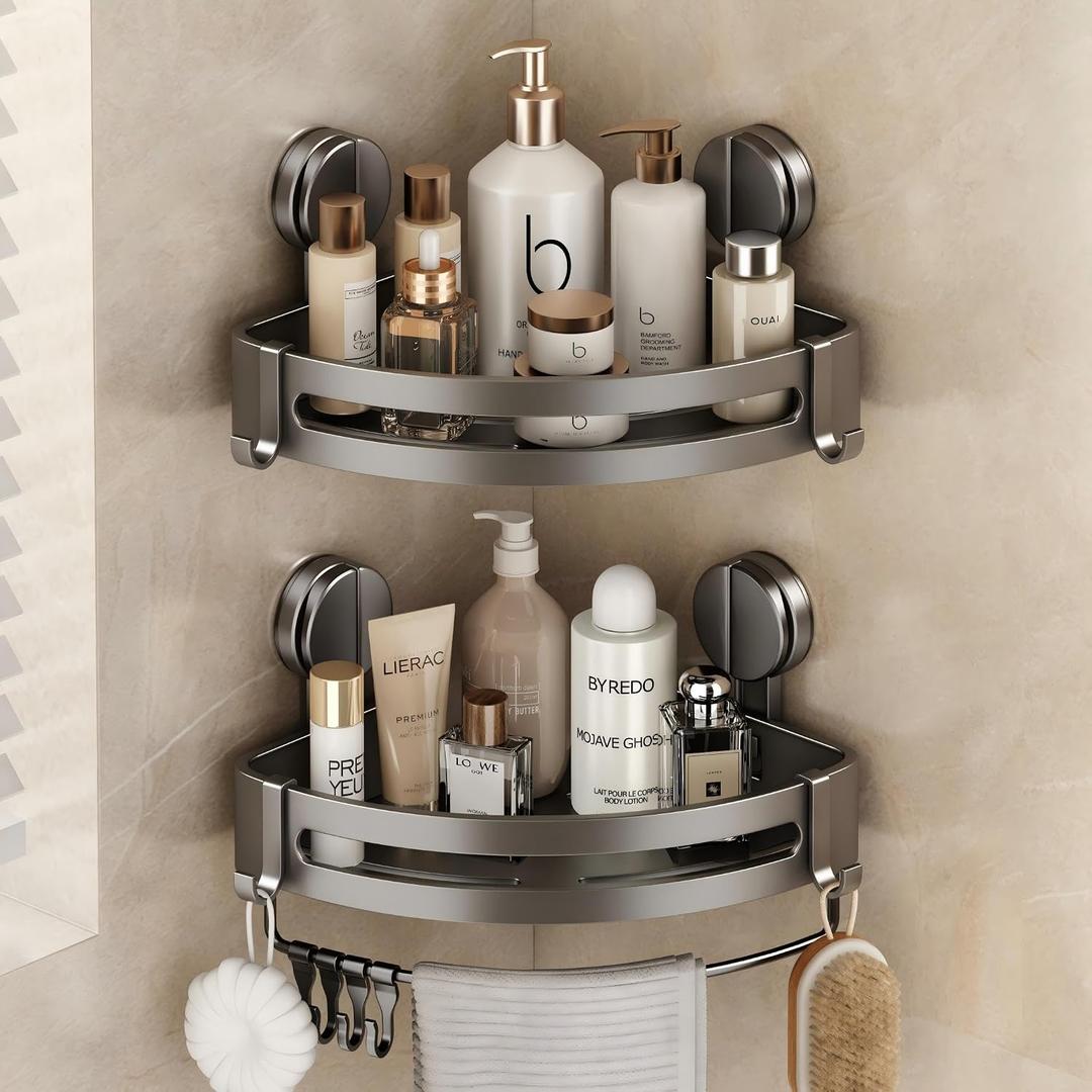 VOLPONE 2 Pack Shower Caddy Suction Cup, Corner Shower Shelves No Drilling, Showers Organizer Storage with Towel Bar & Removable Hooks, Bathroom Shower Shelf Rack for Inside Showers, Triangle