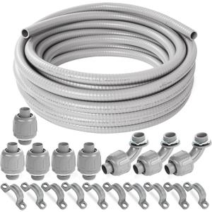 (1/2" Dia * 50 Feet) Yariwiz Flexible Electrical Conduit Liquid Tight PVC Conduit Kit with 5 PCS Coupling, 3 PCS Elbow and 10 PCS Strap, Sealtight Seal Flex Liquidtight Wire Outdoor Non Metallic Grey