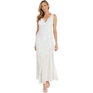 R&M Richards Long Iridescent Sequin Beaded Dress W/V-Neck & Flowing Skirt Ivory/Nude, Size 12
