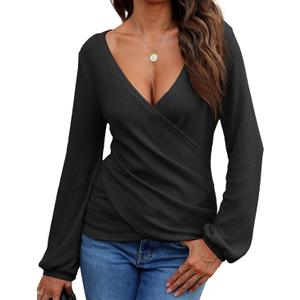 Prettywear Women's Long Sleeve Wrap Tops Sexy Casual Waffle Knit V Neck Shirts Solid Color Ruched Tunic Top Blouses Slim fit Large