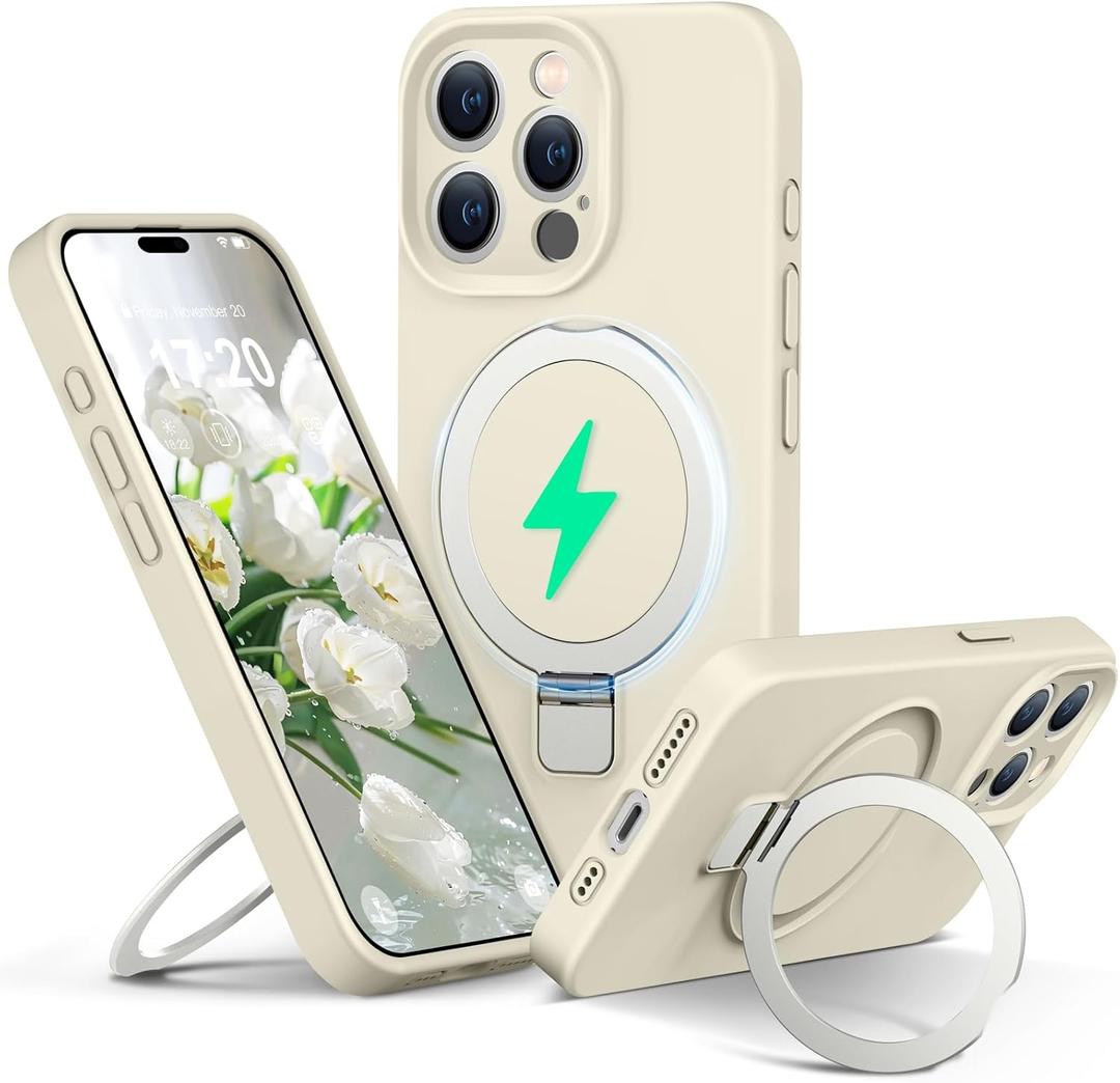 Liquid Silicone Case for iPhone 15 pro max with Magnetic Ring Stand, Upgraded Camera Lens Protection, Mil-Grade Drop Shockproof, Anti-Scratch Microfiber Lining Silicone Case (Beige)