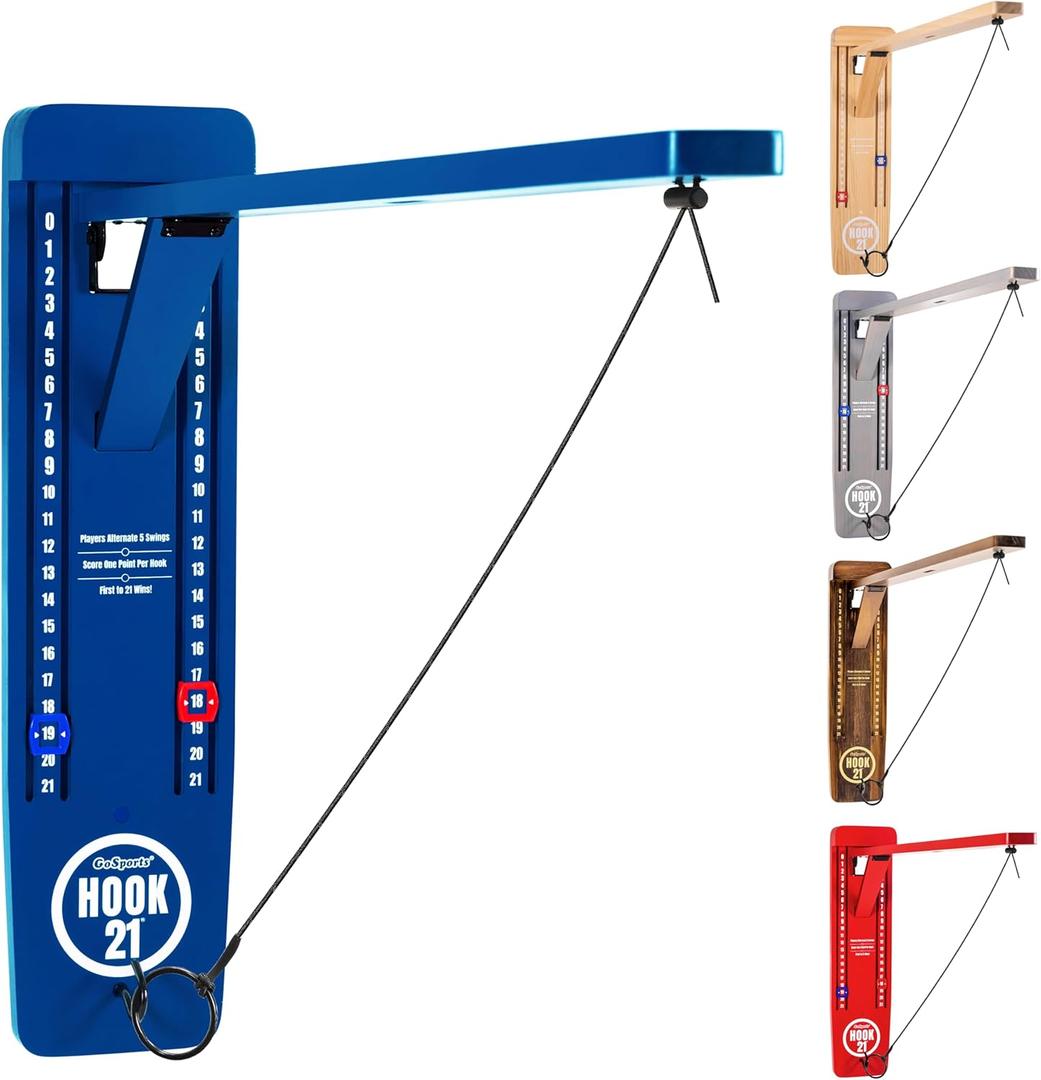 GoSports Hook 21 Wall Mount Ring Swing Game - Play Indoors or Outdoors with Foldable Arm (Blue)