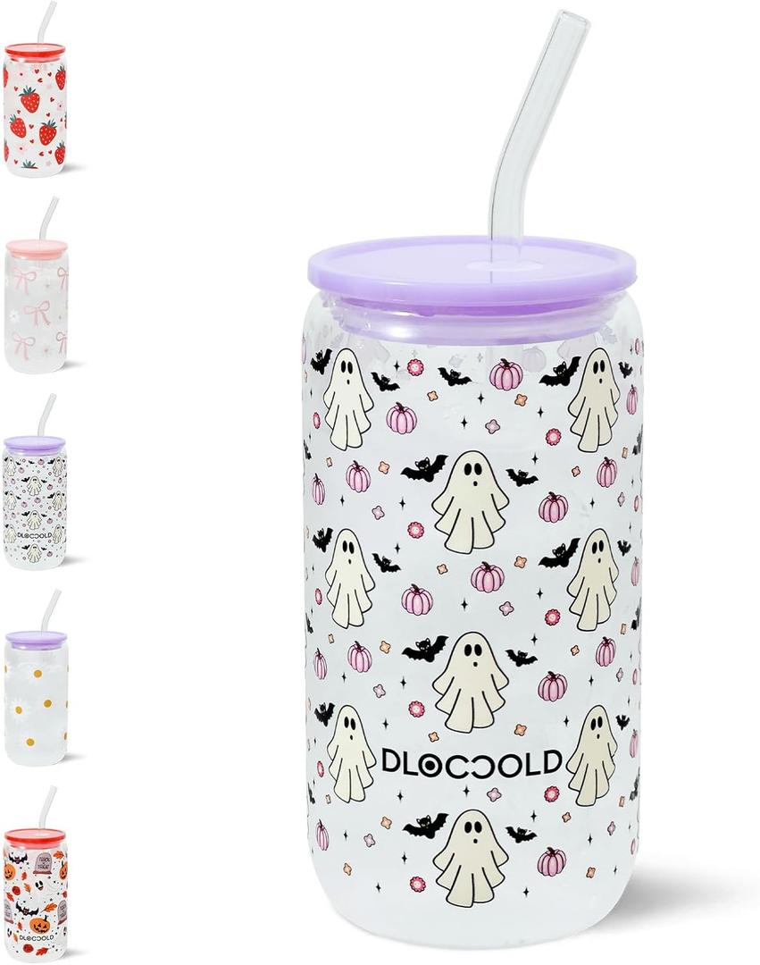 DLOCCOLD Glass Tumbler with Straw and Lid, 20oz Ice Coffee Glass Cup Drinking Glasses for Water, Coffee, Smoothie with 1 Cleaning Brushes (Bat & Boo)