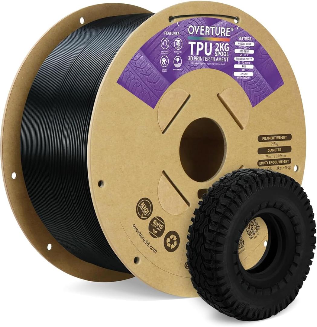 OVERTURE TPU Filament 1.75mm Flexible Roll, 95A Soft 3D Printer Filament, 2kg Spool (4.4 lbs), Fit Most FDM Printer (TPU 2kg Black 1-Pack)