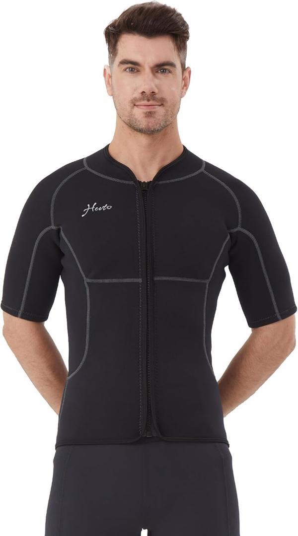 Hevto Men Wetsuit Tops and Vest 3/2mm Neoprene Jacket Surfing Swimming Front Zip Wet Suit for Water Sports (Medium)