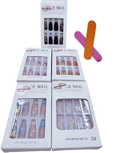 Press on Nails with Designs, Fake Nails Medium Long, 5 Packs (120 Pcs), French Tip Soft Gel Nails, Almond, Frosted, Bright-Diamond, Leopard-Print, Personal Fashion, Glue on Nails Kit