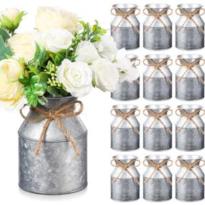 Domensi 12 Pcs Farmhouse Metal Flower Vase Wedding Decor Bulk Rustic Galvanized Milk Can Jug Vase with Bow Flower Bucket for Table Centerpiece Valentine Home (5.12 Inch,Iron Color)