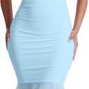 Kaximil Women's Sexy Bodycon Ruched Square Neck Midi Dresses Elegant Sleeveless Ruffle Cocktail Party Dress, Large, Babyblue