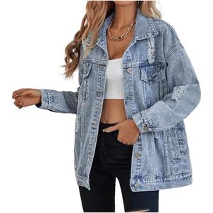 LifeShe Women's long oversized denim jacket boyfriend ripped distressed jean jackets coat (Large, Light Blue)