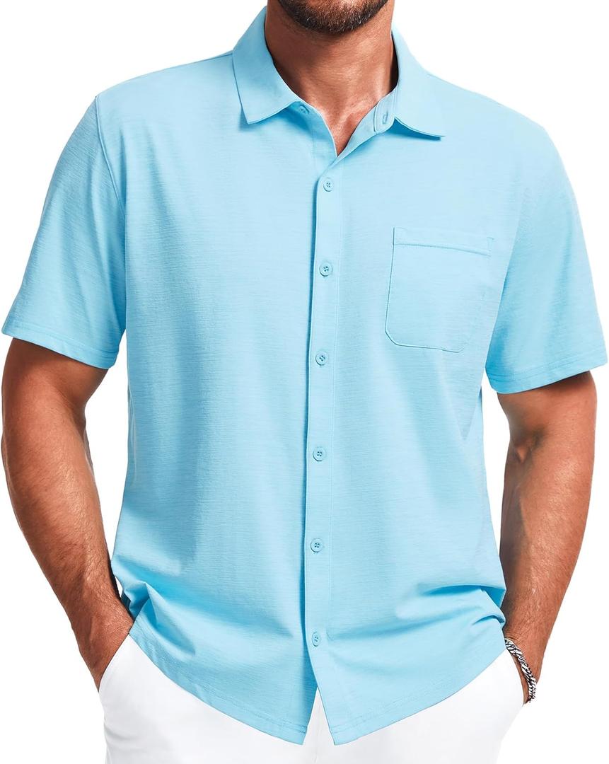 Mens Short Sleeve Dress Shirts Business Casual Button Down Shirt Summer Beach Wedding Untucked Shirts with Pocket (Blue, S)