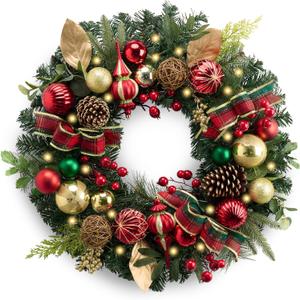 Valery Madelyn 24'' Pre-Lit Christmas Wreath for Front Door with Light, Large Lighted Outdoor Christmas Wreath with Red Green Gold Xmas Ball & Ribbon for Home Porch Fireplace Window Holiday Wall Decor