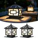 2 Pack Solar Post Lights Outdoor, IP65 Waterproof Black Outside Column Lamps 9.8" Cast Aluminum Pillar Lights with Glass Dusk to Dawn LED Post Cap Lights for Patio Garage Yard Garden Driveway