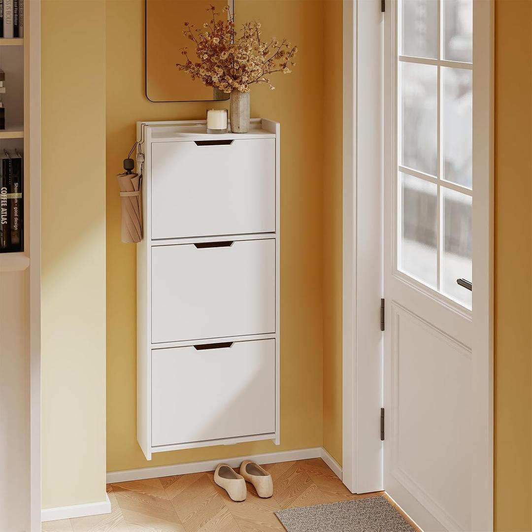 SoBuy Wall Mounted Shoe Cabinet with Motion Sensor LED Light | 3 Narrow Flip Drawers Shoe Storage Organizer with Hooks & Open Shelves for Entryway, White