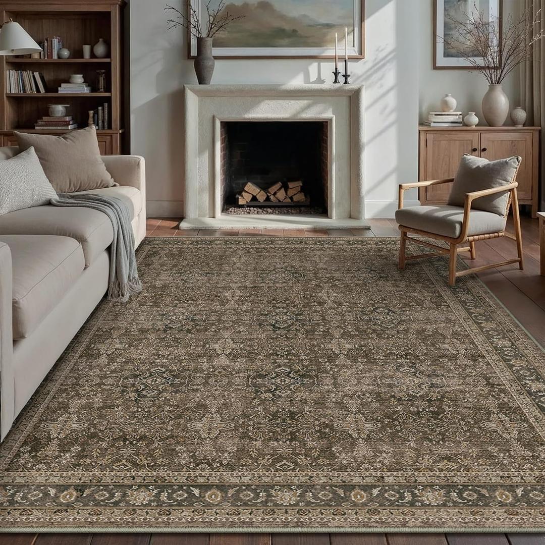 PureCozy 8x10 Area Rug for Living Room Brown Vintage Washable Bedroom Carpet Traditional Distressed Soft Non Slip Indoor Large Accent Rug Retro Thin Low Pile Floor Cover for Dining Room Playroom