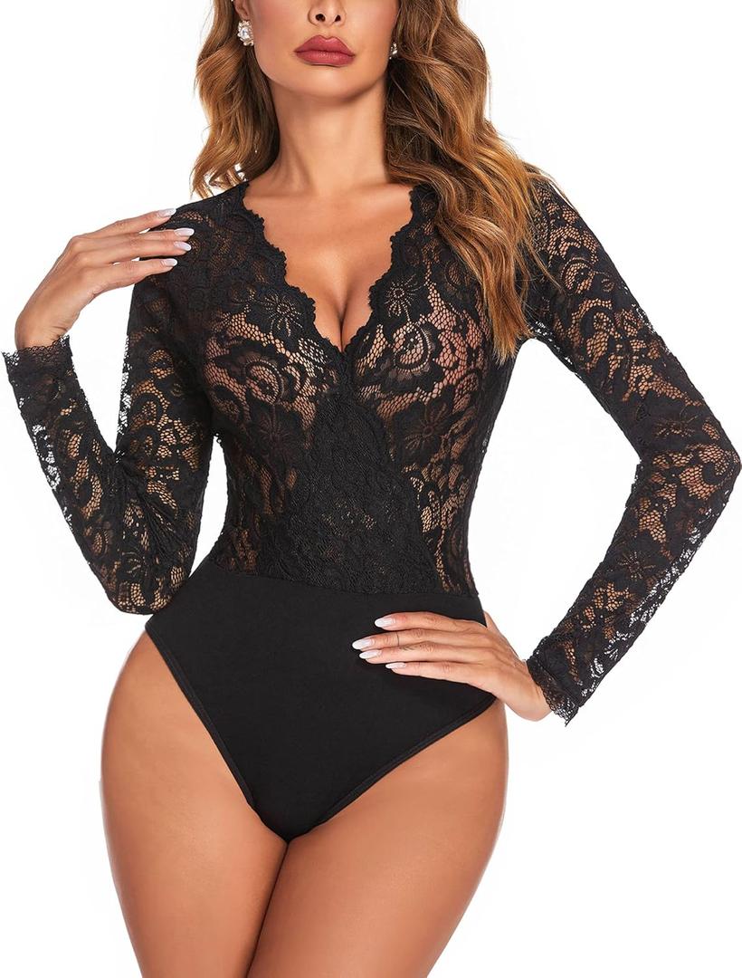 Avidlove Lace Bodysuit for Women Sexy Long Sleeve V Neck Body Suits Going Out Tops Snap Crotch One Piece Teddy Lingerie (Medium, Black)