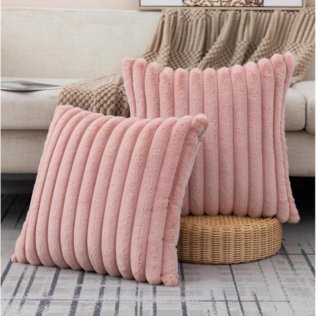 ZLINA Set of 2 Baby Pink Faux Fur Decorative Throw Pillow Covers Fluffy Striped Pillowcase Cushion Covers 16 x 16 Inch Decor Sofa Couch Bedroom
