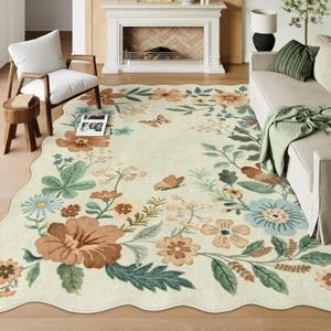 Lahome Floral Washable Rugs 8x10, Non-Slip Soft 8x10 Rugs for Living Room Bedroom, Ultra-Thin Stain Resistant Boho Accent Carpet for Dining Room Office, Beige