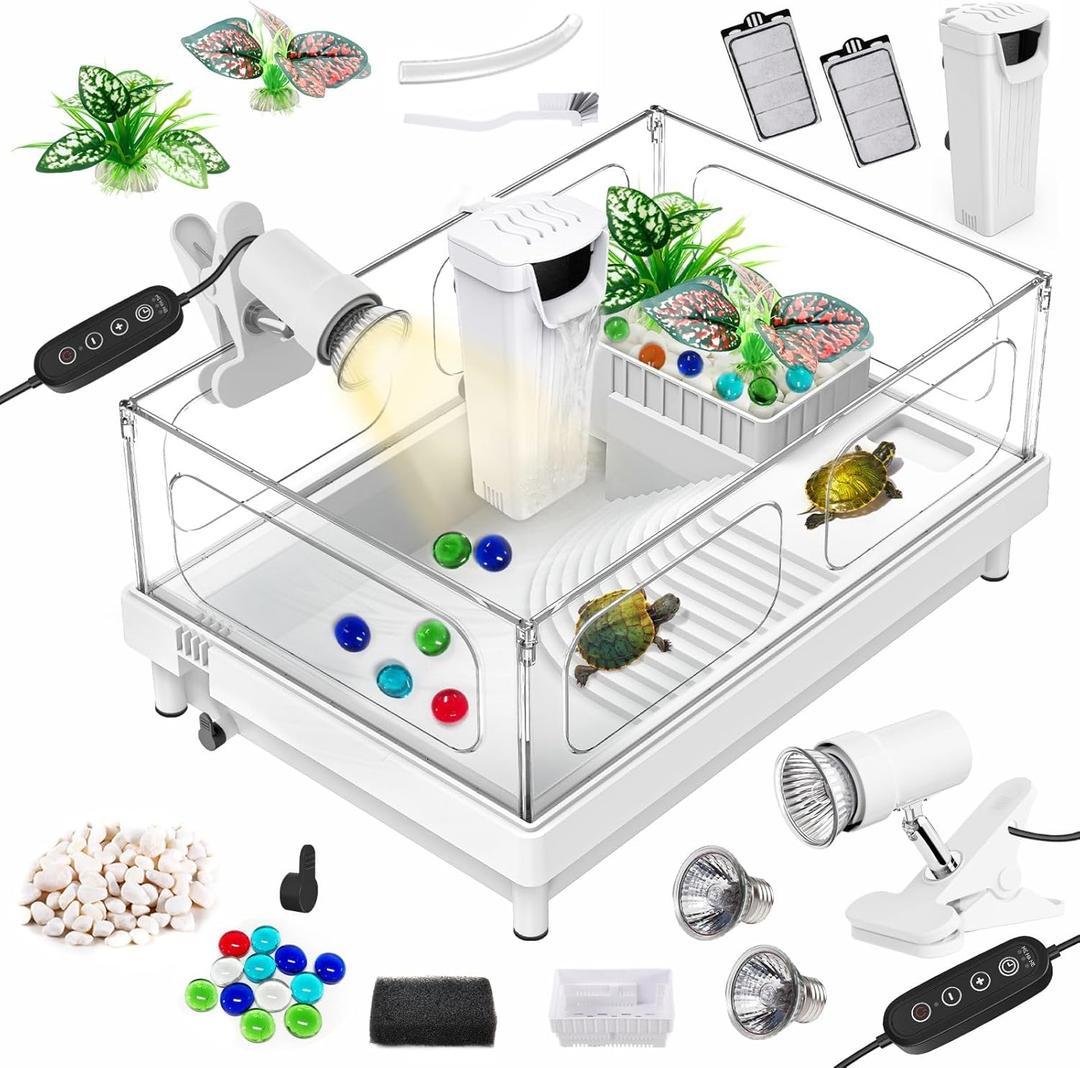 Small Turtle Tank Kit(Tank+Lamp+Filter), Acrylic Turtle Starter Kit with Adjustable Lamp, Reptile Habitat and Terrarium with Multi-Functional Areas for Small Reptiles. (White Kit)