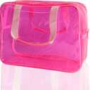 PVC Clear Pure Color Transparent Large Zipper Cosmetic Pouch Travel Makeup Cosmetic Bag with Handle for Travel Bathroom Toiletry Organizer (Hot Pink)
