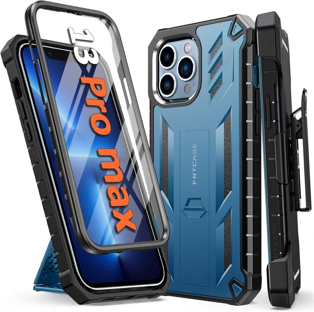 FNTCASE for iPhone 13 Pro-Max Case: Military Grade Shockproof Full Protective Rugged Cell Phone Cover with Kickstand & Belt-Clip Holster, Drop Proof Hard 13 Pro-Max Cases 5G - 6.7 Inch Blue