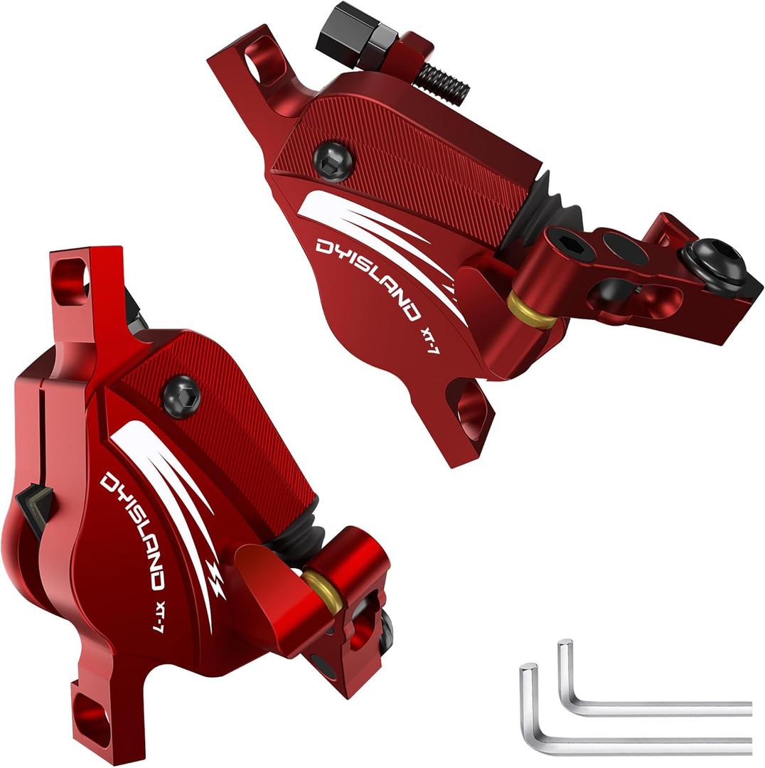 DYISLAND XT-7 Hydraulic Disc Brakes Calipers, Line Pulling/ Cable Actuated Front & Rear Brake Calipers for MTB/ Mountain/ Road Bike/ E-Bike (Red-Brakes)