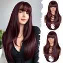 Long Layered Red Wig with Bangs Straight Synthetic Wigs for Women 26 Inch | Beginner Friendly Realistic Scalp Wig for Daily and Cosplay Wear Women Funny Wig for Party Halloween Costume Events Wear