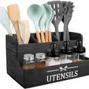 RedCall Extra Large Kitchen Utensils Holder 4 Compartments,Wood Utensil Organizer for Kitchen Countertop,Farmhouse Cooking Utensil Holder with Spice Storage space (Black)