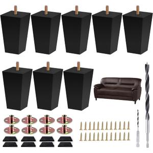 Sofa Legs Square Bed Feet 4 inch Wood Replacement Leg for Furniture Set of 8,Black (4, 8set)