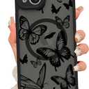 Magnetic for iPhone 15 Plus Case [Compatible with MagSafe] Cute Cool Butterfly Print Pattern Design, Slim Bumper Translucent Matte Protective Case Cover for Women Girls, Black
