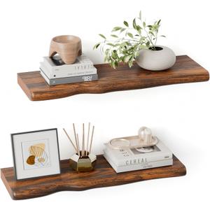 Solid Wood Live Edge Floating Shelves Set of 2 24" Rustic Wall Shelf with Hidden Bracket System, Wall Mounted Shelves for Bathroom, Kitchen, Living Room, Bedroom (Glazed Walnut), 24 Inch - 2pcs