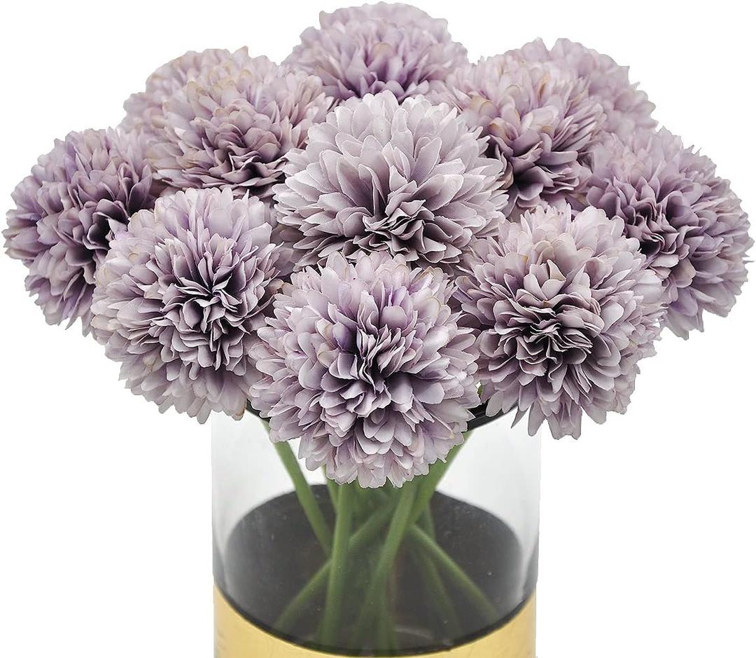 10Pcs Artificial Fake Flower Plants Silk Chrysanthemum Ball Hydrangea Arrangements Wedding Bouquets Decor Home Kitchen Garden Party Table Floral Centerpieces DIY (Grey Purple)