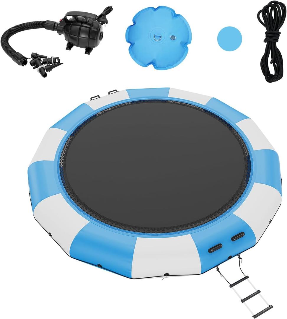VEVOR Recreational Water Trampoline 15ft, Inflatable Water Bouncer, Portable Bounce Swim Platform with Electric Air Pump & 3-Step Ladder, Kids Adults Floating Rebounder for Water Sports, Pool, Lake