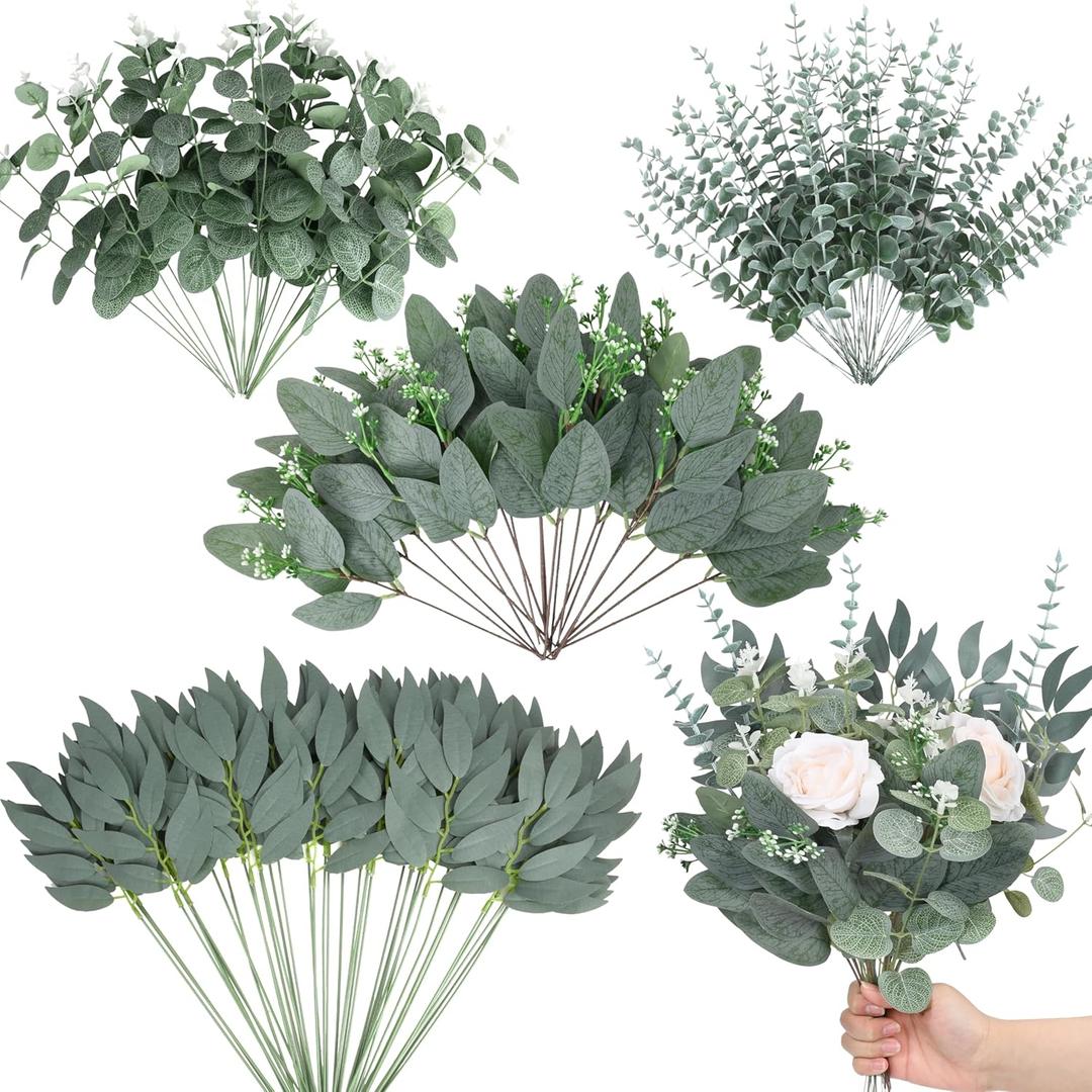 150 Pcs 4 Kinds Mixed Artificial Eucalyptus Leaves Stems Bulk Fake Silver Dollar Eucalyptus Bundle Faux Plants Greenery for DIY Bouquets Floral Arrangement Wedding Engagement Party Decor
