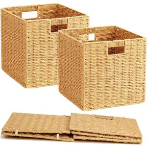 10.5'' Foldable Large Cube Paper Rope Storage Baskets with Handles and Built-in Metal Frame, 2pcs Stylish and Durable Woven Open Storage Bins Perfect for Toy Shelves and Living Room Organizing